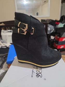 Black Suede Wedge Ankle Boots with Gold Buckle