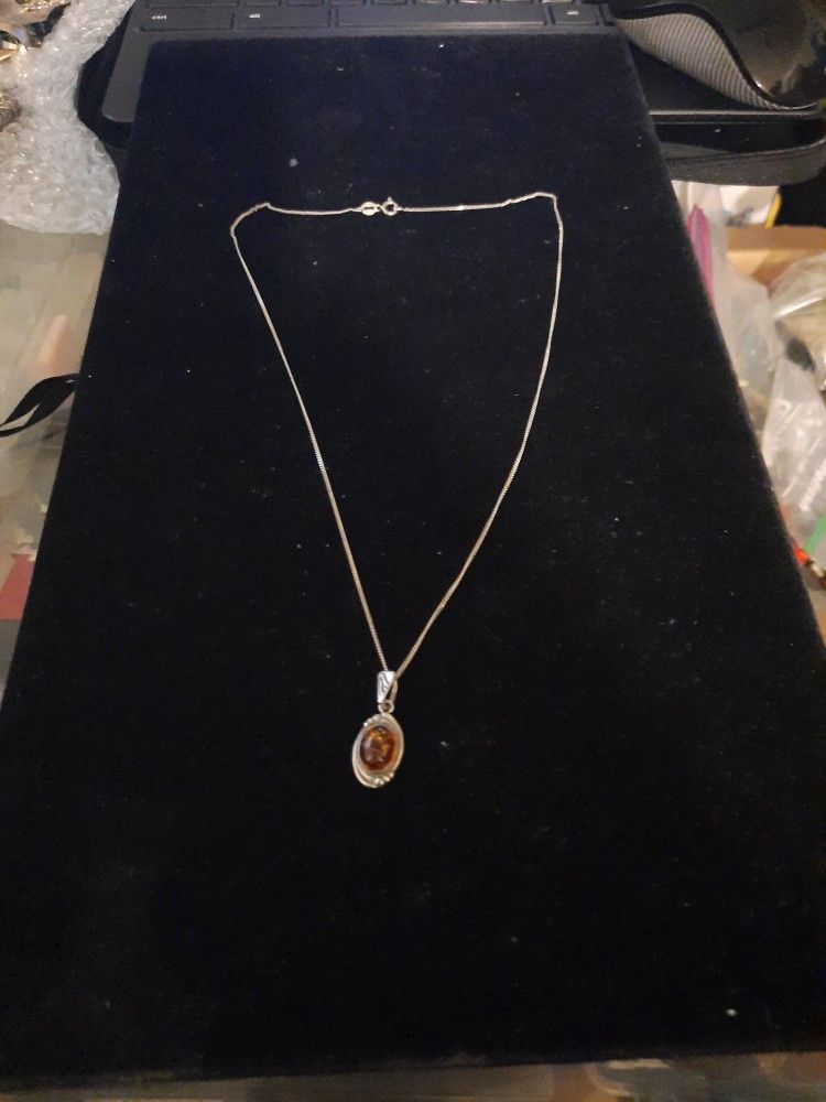 Sterling Silver Necklace with Sterling Silver Charm with Amber