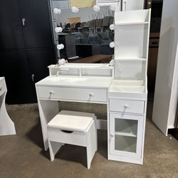✌️ Vabches Vanity with Mirror and Lights, Makeup Vanity Table with Charging Station, Cute Vanity Set with Comfortable Bench, Big Vanity with 3 Storage
