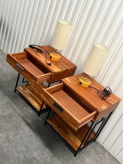 Pair of Wood and Metal Nightstands with Lamps