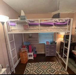 MUST GO! White metal loft bed with shelf.