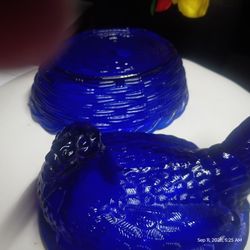 Blue glass chicken candy dish