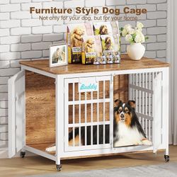 42"XL Heavy Duty Dog Crate Furniture with Casters, Dog Kennel Indoor for Large and Medium Dogs, Double-Doors Sturdy Dog Cage for Anxiety Dog, Decorate