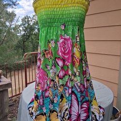NWT SUMMER YELLOW N GREEN BUTTERFLY GATHERED BUST STRETCH MIDI DRESS