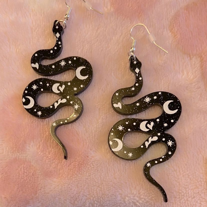 Black Snake Earrings with Celestial Design