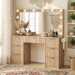 47" Fluted Makeup Vanity Desk w/Large 42" Mirror & Ajustable LED Lights, Large 7 Drawers Vanity Table w/Glass Top&Charging Station, Makeup Dressing Ta