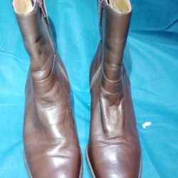 7/12 EASY SPIRIT “FRANCHISES” BROWN LEATHER STOCKED BLOCK HEEL ANKLE BOOTS 