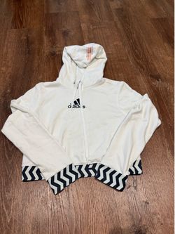 White Adidas hoodie with black and white striped sleeves size medium