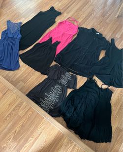 Women’s dresses and top bundle.  Black romper and tube dress are Medium. All others are small.