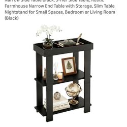 Narrow Side Table Black, 3-Tier Side Table, Rustic Farmhouse Narrow End Table with Storage, Slim Table Nightstand for Small Spaces, 
