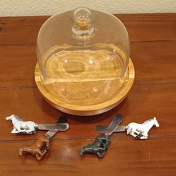 Wood Cheese Board With Glass Dome And Knives 