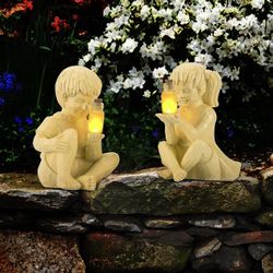 Brand New 2pcs Garden Solar Children Statues- Luminous Children Solar Lighted Firefly Jar Light Boy Girl Statu