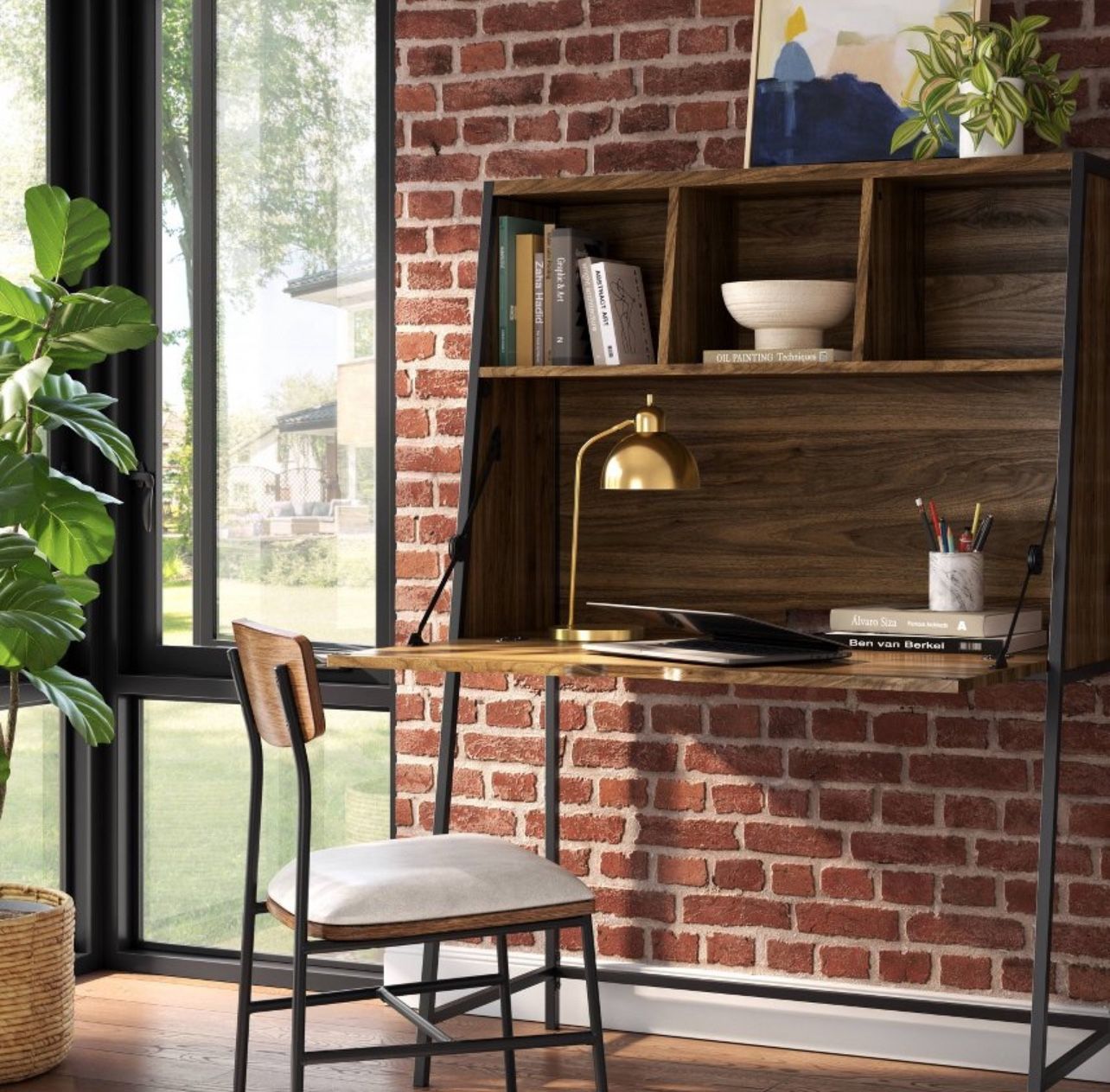 Loring Secretary Desk with Hutch and Charging Station Walnut - Threshold