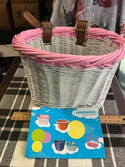 BICYCLE BASKET WITH LEATHER STRAPS BUCKLES PINK & WHITE