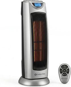 Comfort Zone Electric Oscillating Ceramic Tower Space Heater, Remote, Backlit Digital Thermostat & Temperature Display