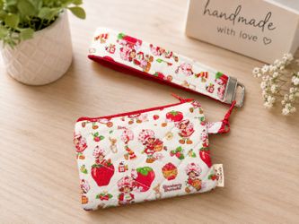 Strawberry Shortcake Quilted Zipper Pouch and Wristlet Keychain Set