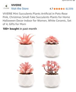 New Mini Succulents Plants Artificial in Pots-Rose Pink, Christmas Small Fake Succulents Plants White Ceram