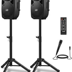 Moukey PA System, 8 Inch DJ Speakers 800W Peak with Rechargeable Battery, Bluetooth 5.0, Active & Passive Powered PA Speakers with USB/TF/FM/AUX/Mic I