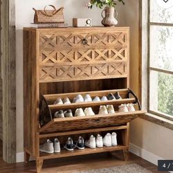 Brown Wood Shoe Cabinet with 2 Flip Drawers, Shoe Storage Organizer for Entryway - NEW IN BOX