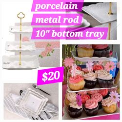 Porcelain 3 Tiered Cupcakes Stand, Metal Rods, See All Images 