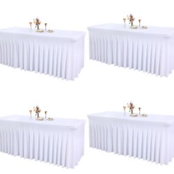 4 Packs White Tableclothes for 6 Foot Rectangle Tables, Wrinkle Resistant Fitted Table Cloth Stretch Spandex Table Covers with Skirt for Event Banquet