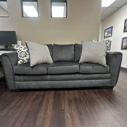 Simmons Flannel Charcoal Sofa And Pillows