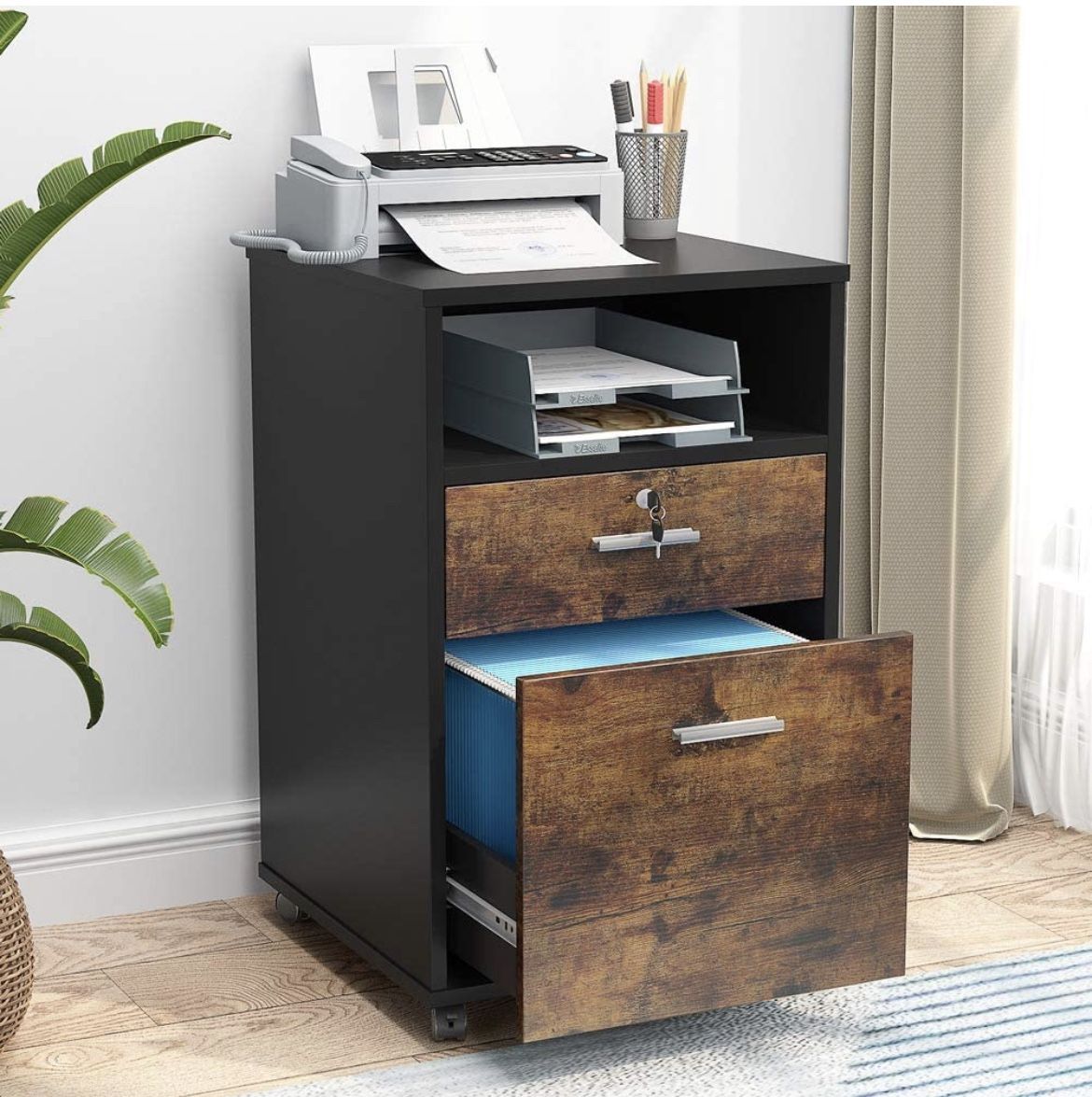 Tribesign 2-Drawer File Cabinet Mobile Printer Stand with Lock