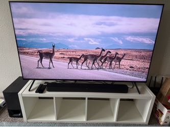 Sony 65” X85J with sound bar, woofer and TV shelf unit