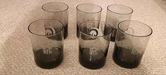 Vintage Lot of 6 Six Los Angeles Rams Smoked Glass Whiskey Glasses 1970's