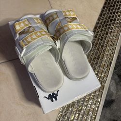 white and gold kappa slides size 10