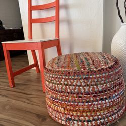Two- Orange And White Chairs And Poof/ottoman - Farmhouse / Boho 