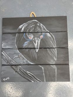 Handpainted 10 inch x 10 inch raven door hanger art