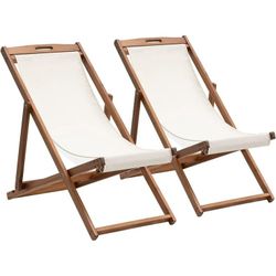 Outdoor Wooden Patio Lounge Chair 2 Set Beach Sling Chair Set Height Portable Reclining Beach Chair Solid Wood Frame with White Polyester Canvas 3 Lev