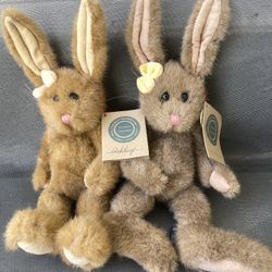 lot of 2 Vintage Boyds Bear Jointed Tan Bunny Rabbit Stuffed Plush Moveable