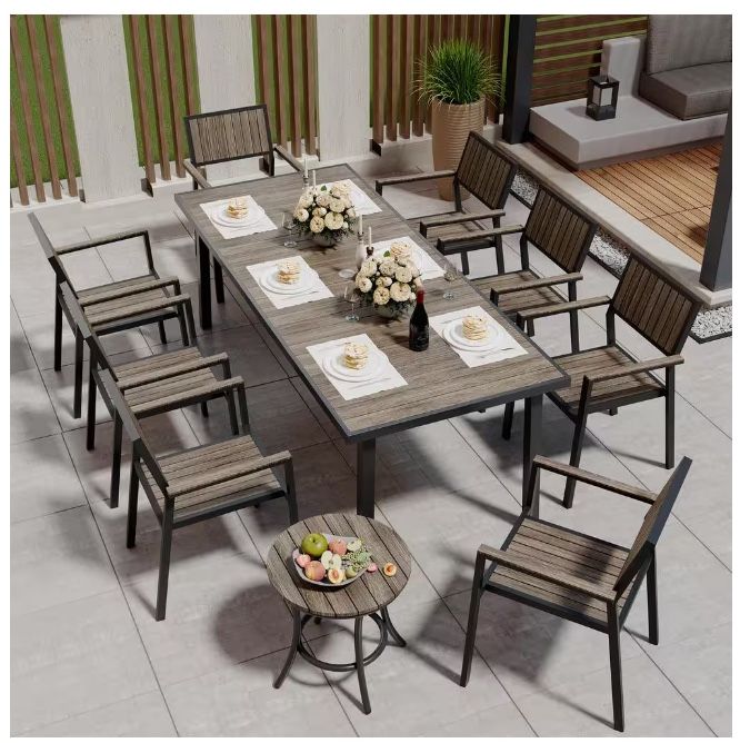 10-Piece Aluminum Outdoor Patio Dining Set with RectangleTable,Small Side Table and 8-Stackable Chairs