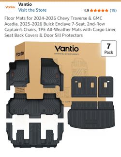 Floor Mats for 2024-2026 Chevy Traverse & GMC Acadia, 2025-2026 Buick Enclave 7-Seat, 2nd-Row Captain's Chairs, TPE All-Weather Mats with Cargo Liner,