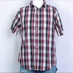 Anchor Blue red plaid short sleeve slim fit button down shirt sz L