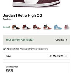 Jordan 1 Retro High Bordeaux - Size 7.5