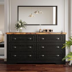 59" 6 Drawers Dresser for Bedroom, Power Strip, Farmhouse Large Wood Dressers & Chest of Drawers with Wide Storage Cabinet, Black