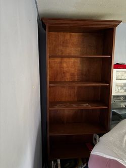 Brown Wood Five-Shelf Bookcase with Crown Molding