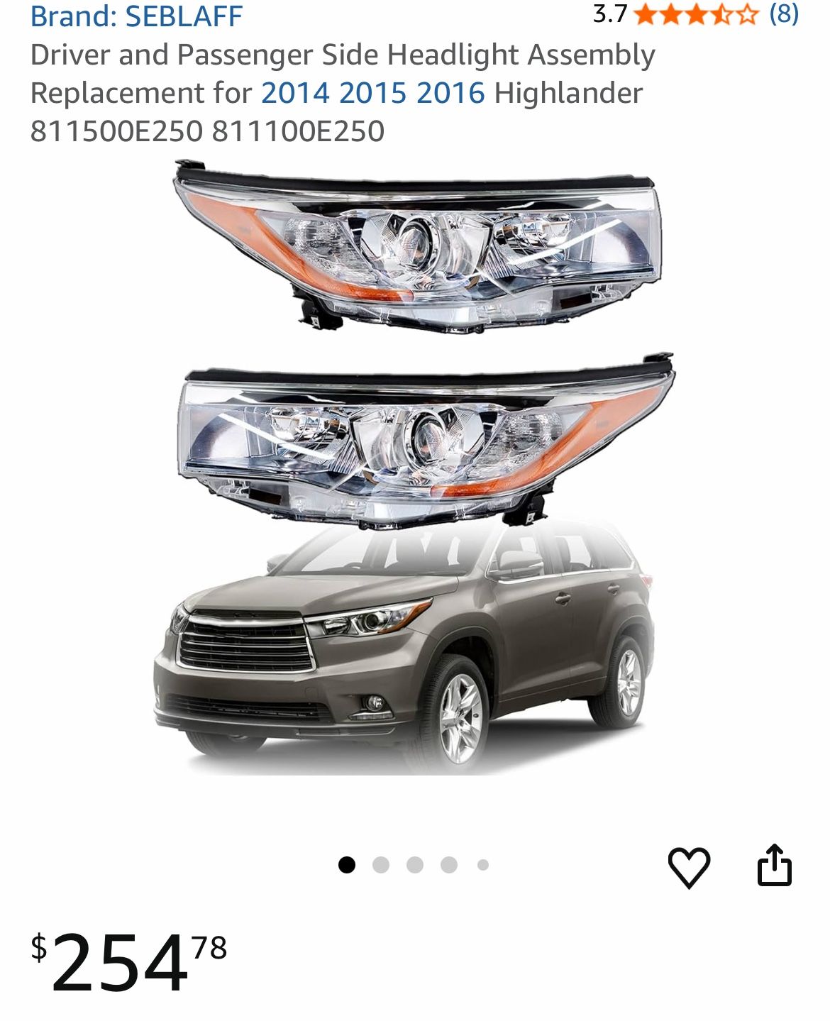 Driver and Passenger Side Headlight Assembly Replacement for 2014 2015 2016 Highlander