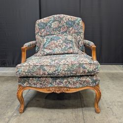 Vintage Floral Upholstered Carved Wood Armchair