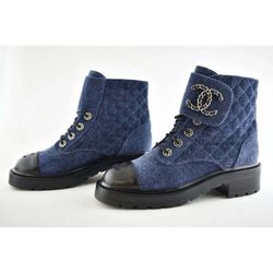 Chanel Denim and leather combat boots