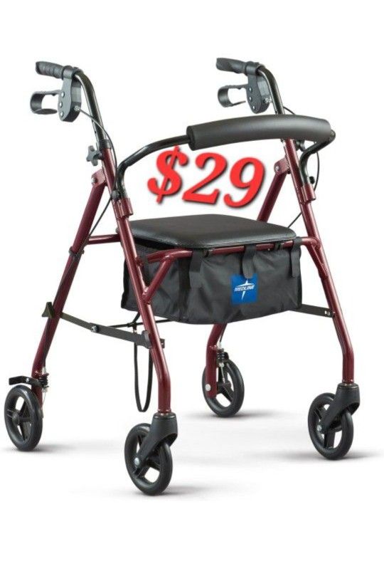 Medline Steel Rollator Walker with Seat, Burgundy, 350 lb. Weight Capacity, 6” Wheels, Foldable, Adjustable Handles, Rolling Walker for Seniors, Walke