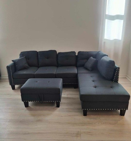 Brand New Charcoal Linen Sectional Sofa +Storage Ottoman (New In Box)