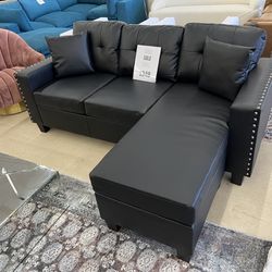 Small Reversible Black Faux Leather Sectional With LED 