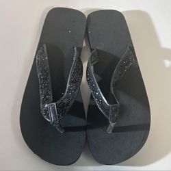 Sparkly Flip Flop Size Large 10-11 BLACK Sandals New