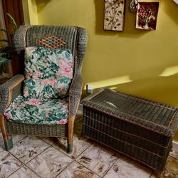 Wicker Rattan Green Wingback Chair & Chest 