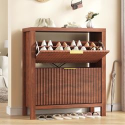 Walnut Red Fluted Shoe Cabinet