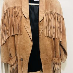 VTG PHOENIX British tan buckskin fringed country western jacket w/ silver conch
